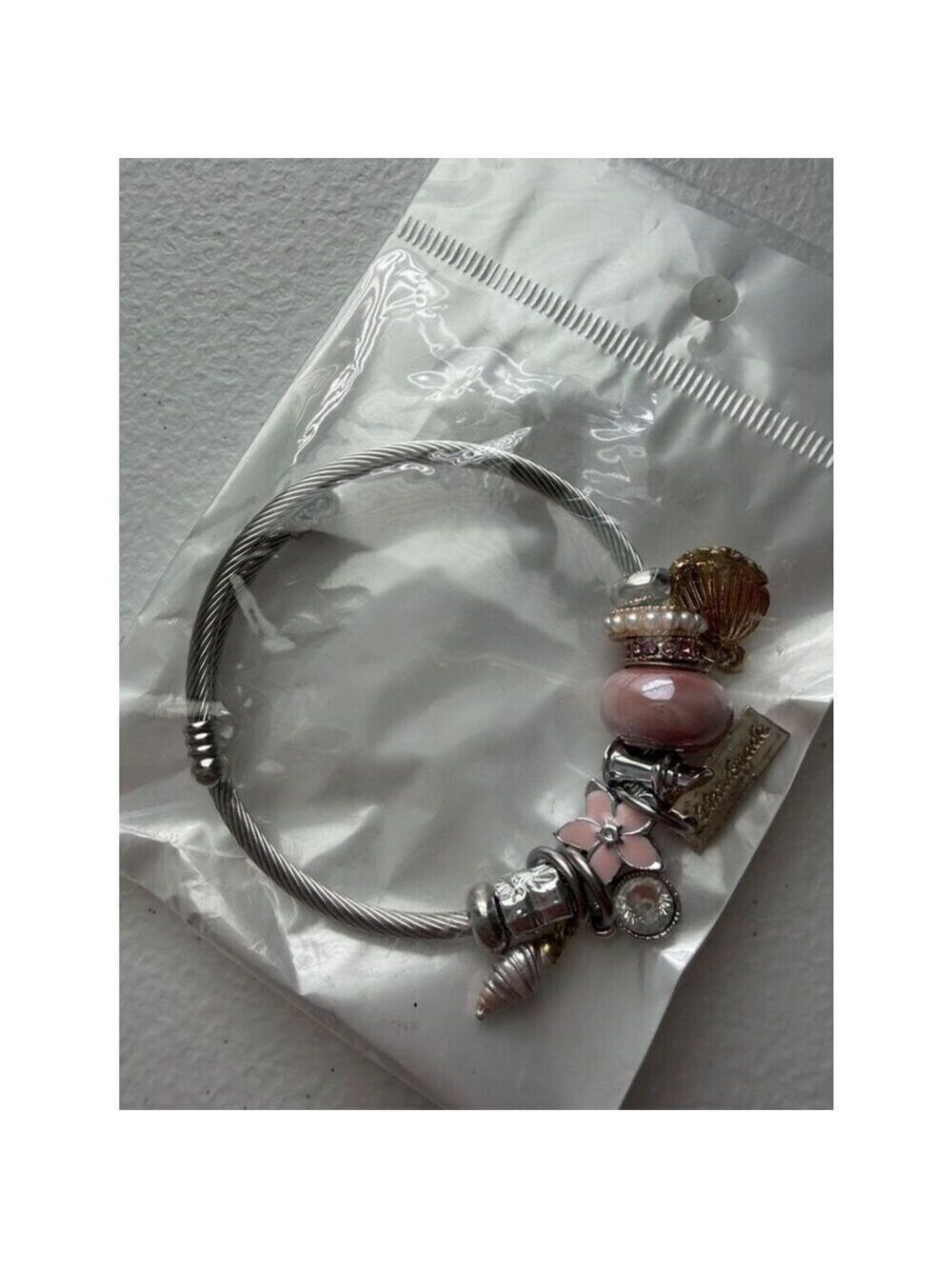 Silver-Tone Cable Charm Bangle Bracelet with Pink Accents